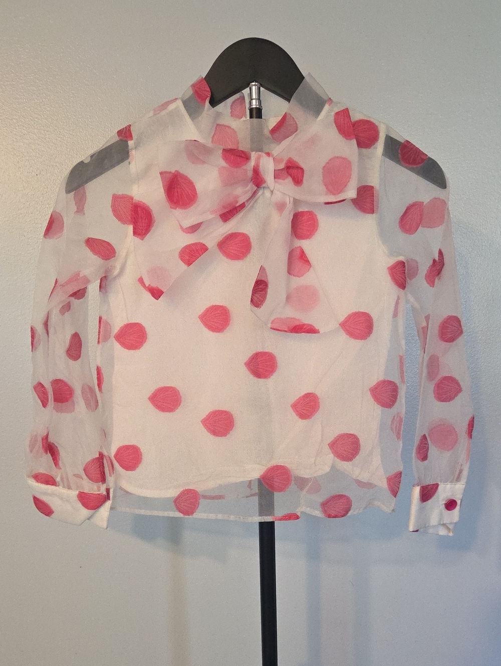 Sheer White Girls' Blouse with Pink Polka Dots and Bow